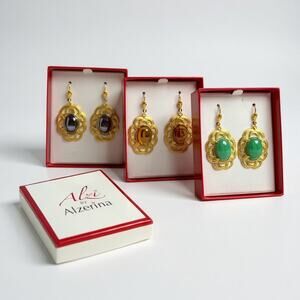 Alzi by Alzerina Magnolia Earrings Trio Jet Hematite Topaz Jade 24kt Gold